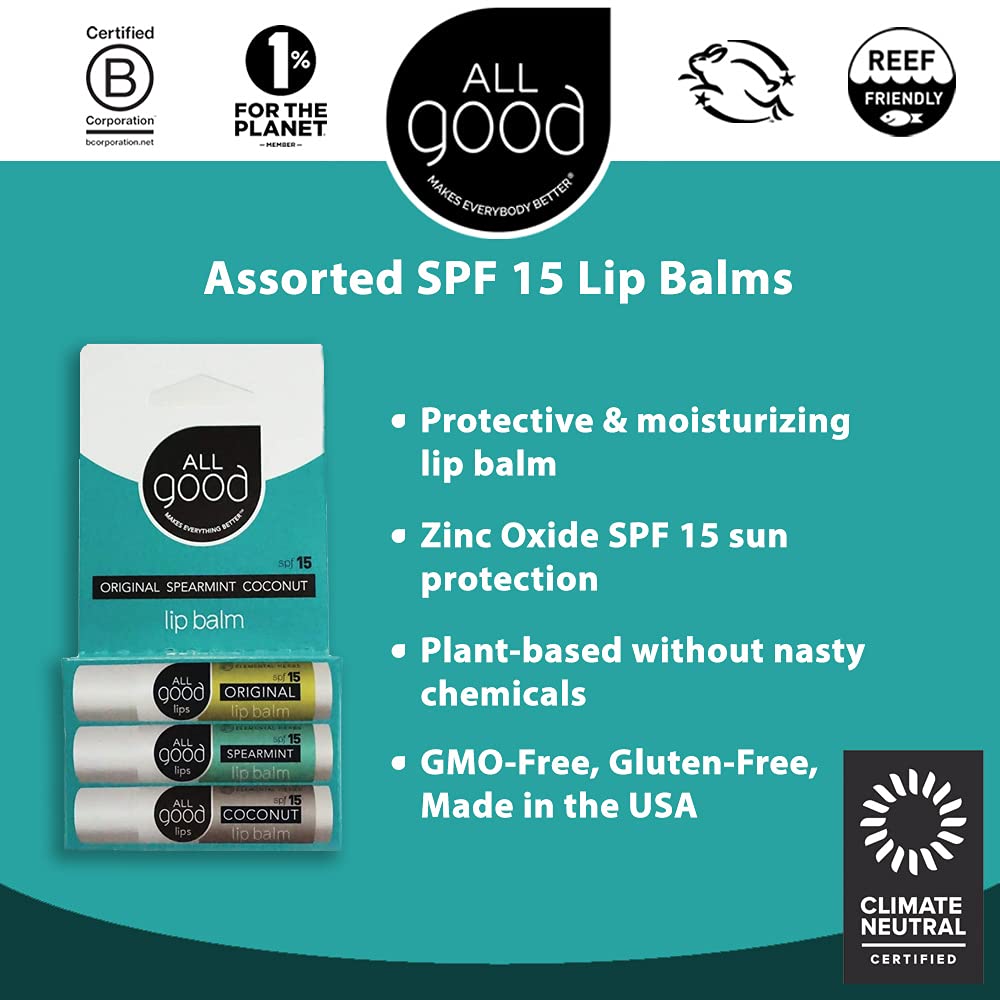 All Good Organic SPF15 Lip Balm close-up shows glossy hydration and vitamin E