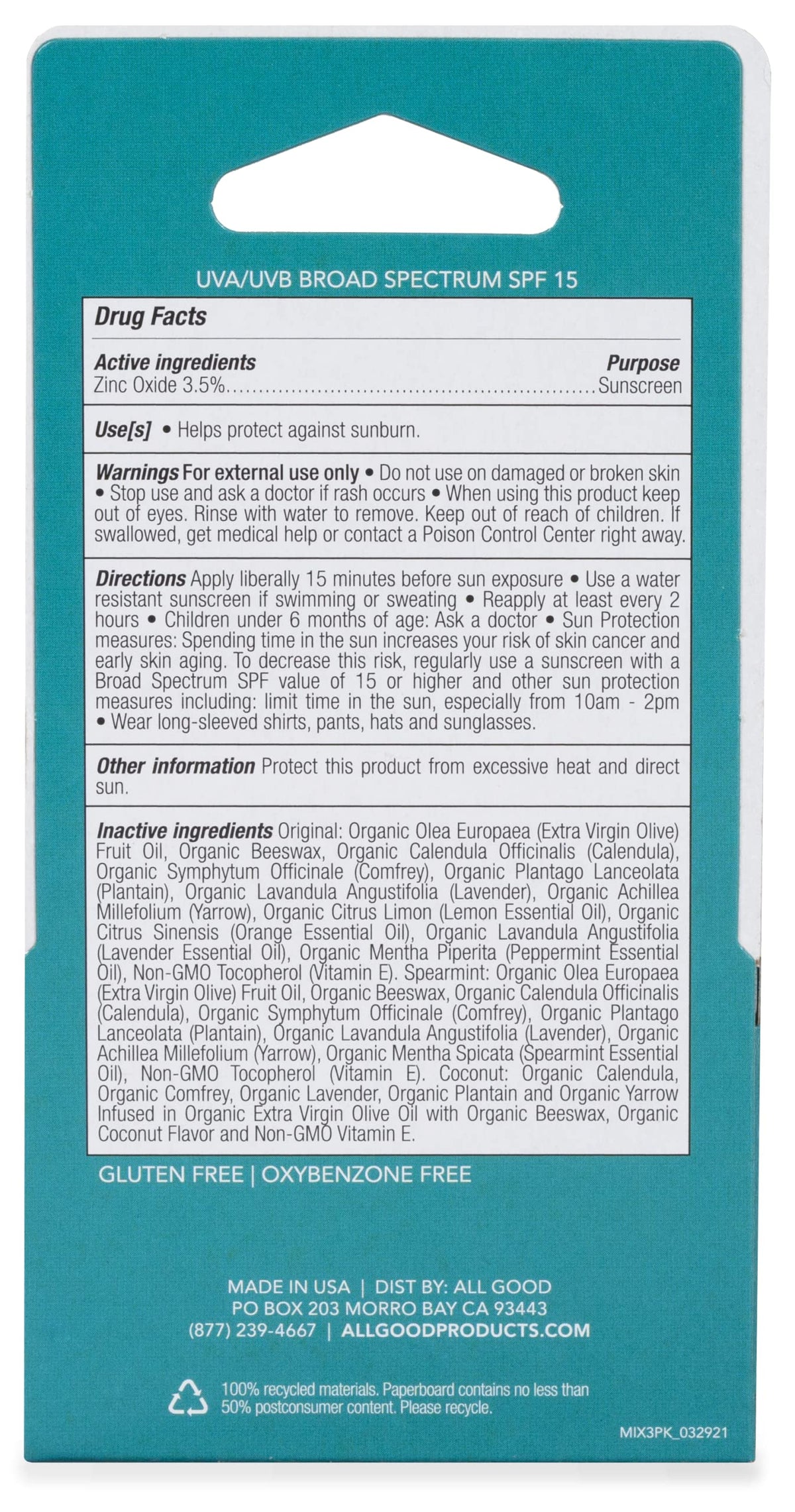 All Good Organic SPF15 Lip Balm highlights olive oil, calendula and lavender ingredients