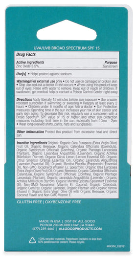 All Good Organic SPF15 Lip Balm highlights olive oil, calendula and lavender ingredients
