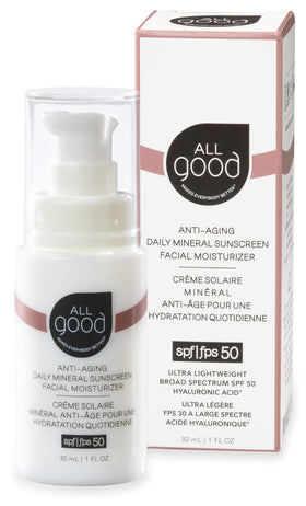All Good SPF 50 mineral sunscreen bottle offering lightweight daily protection.