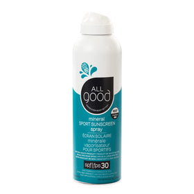 All Good Sport Sunscreen Spray bottle showing reef-friendly zinc for outdoor protection.