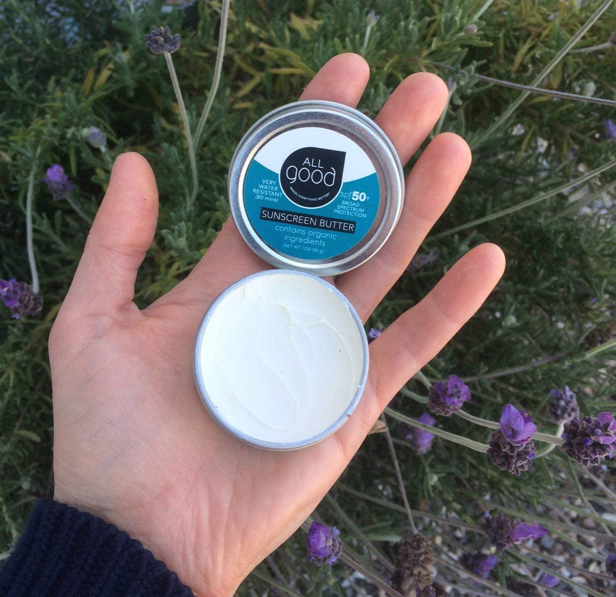 All Good Sunscreen reusable tin packaging showcases sustainable, travel-ready container