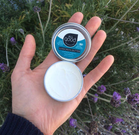 All Good Sunscreen reusable tin packaging showcases sustainable, travel-ready container