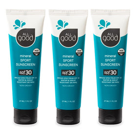 All Good travel sunscreen bottle front showing compact 1 oz size for outdoor protection