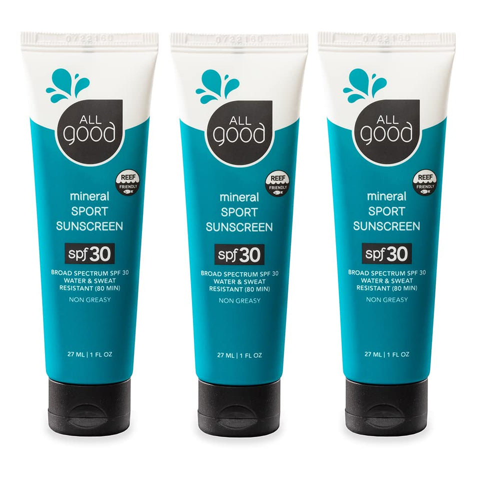 All Good travel sunscreen bottle front showing compact 1 oz size for outdoor protection