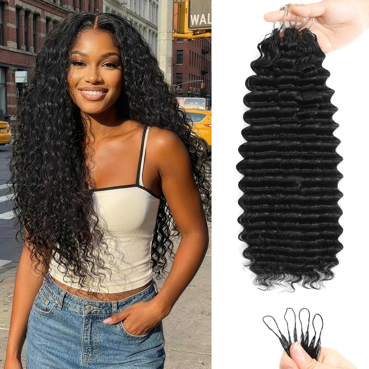 ALLBENLOS Feather Crochet Deep Curly 18-inch 120G blends with natural hair for a seamless look.