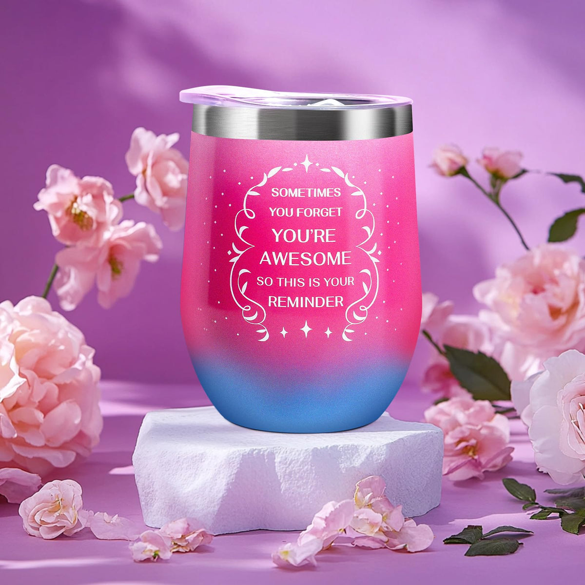 Allemu 8-piece basket shows an insulated mug and lavender candle for relaxing moments.