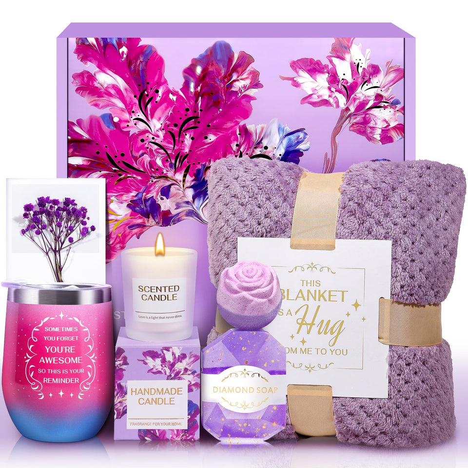 Allemu Mothers Day gift set featuring a purple flannel blanket for cozy comfort.