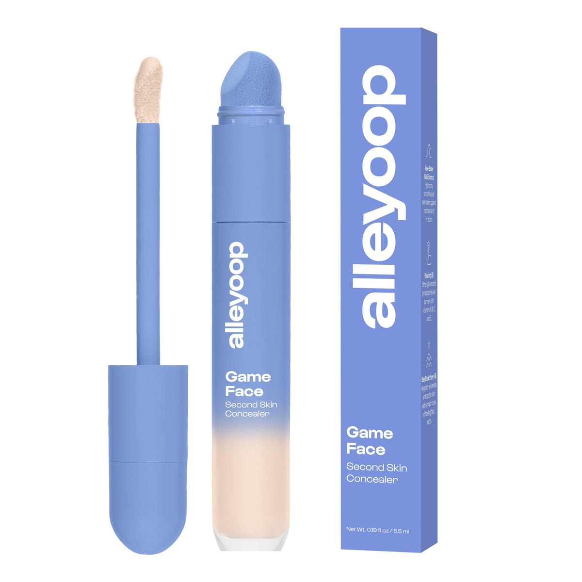 ALLEYOOP Game Face Concealer bottle close-up shows lightweight hydration for bright under-eye skin.