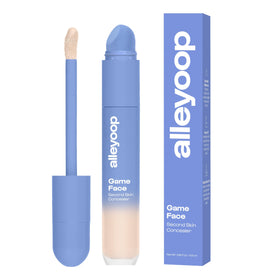 ALLEYOOP Game Face Concealer bottle close-up shows lightweight hydration for bright under-eye skin.
