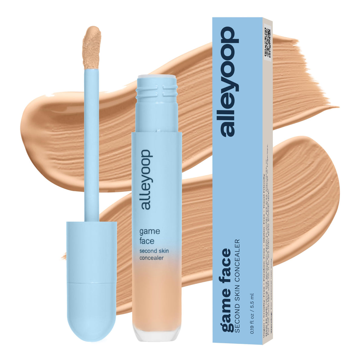 ALLEYOOP Game Face concealer packaging with sleek bottle and built-in applicator for quick touch-ups.