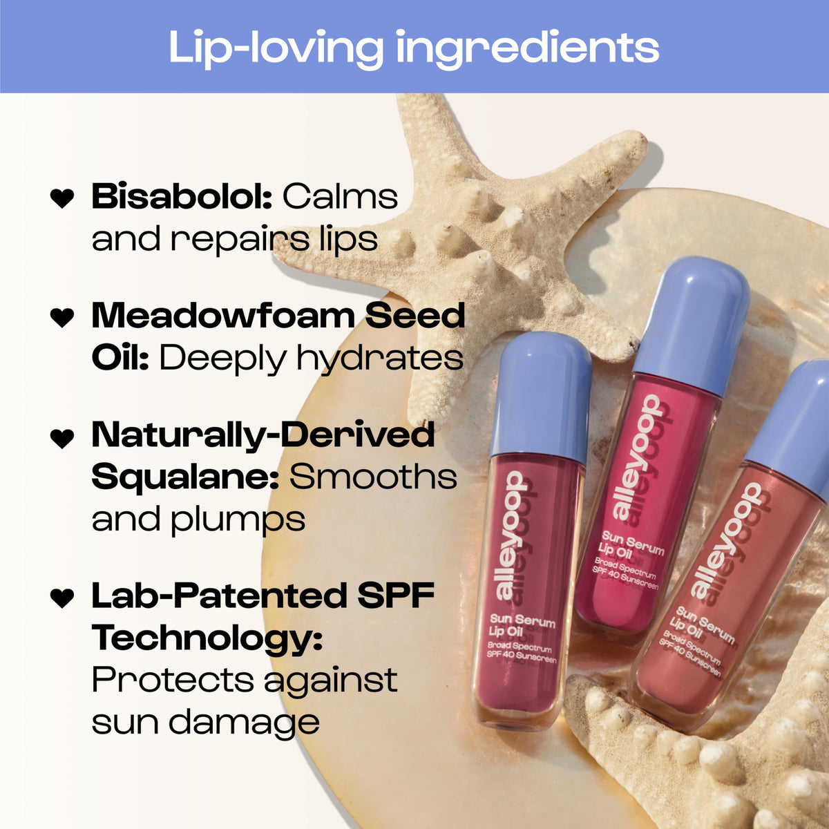 ALLEYOOP Sun Serum Lip Oil SPF 40 Daylight swatch with apricot tint and hydration.