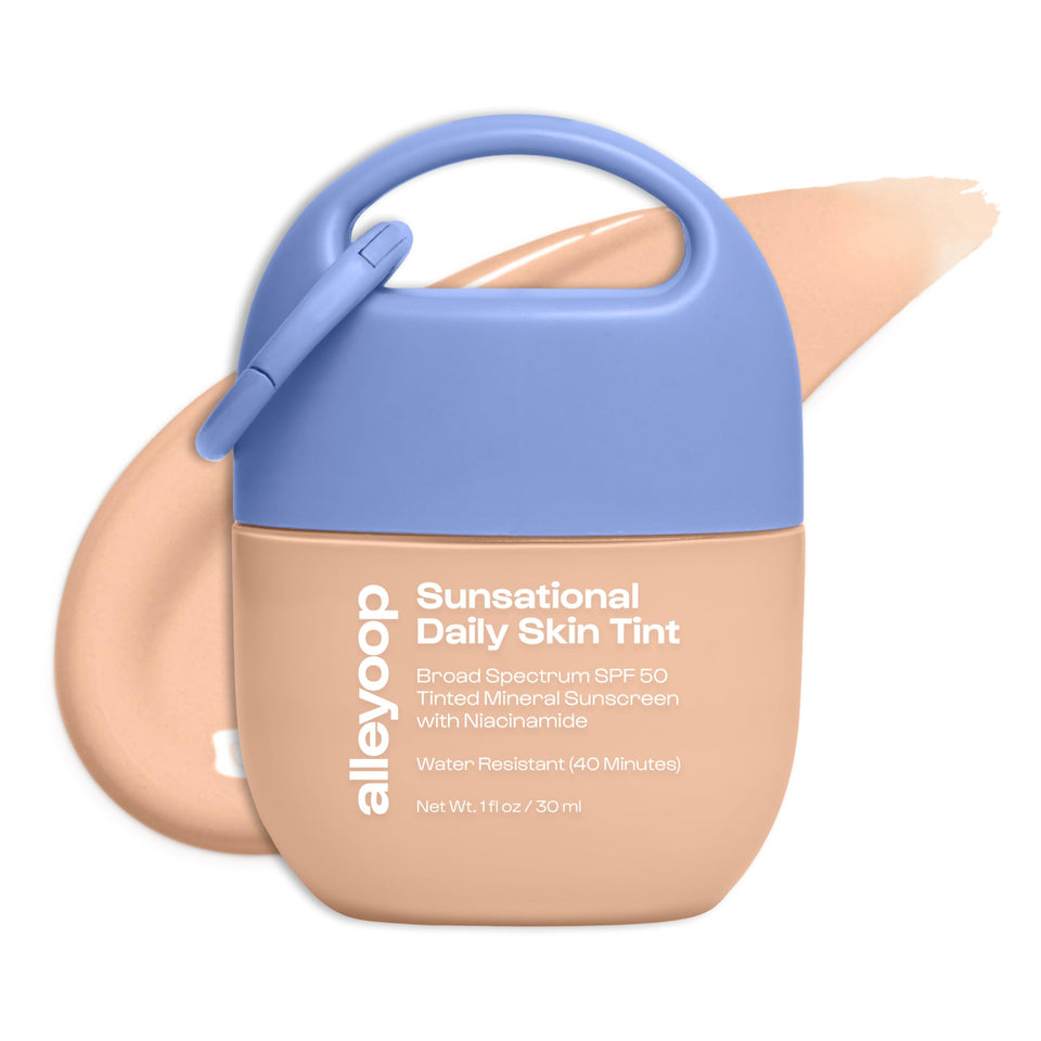 ALLEYOOP Sunsational tinted moisturizer bottle with mineral SPF 50 protection for daily wear.