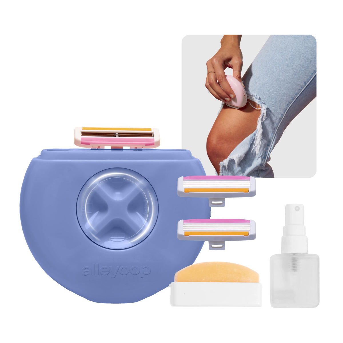 ALLEYOOP travel razor for quick touch-ups on the go, perfect for purse or gym bag.
