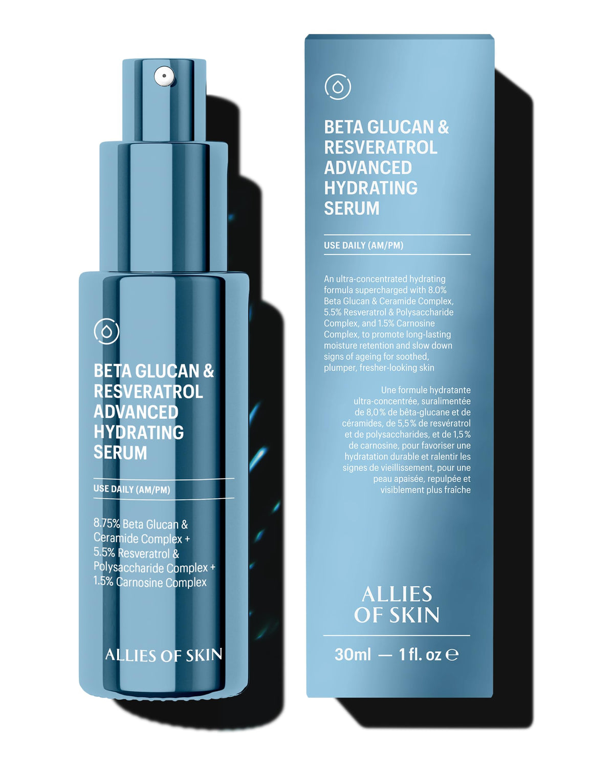 Allies of Skin Beta Glucan & Resveratrol serum bottle promising deep hydration for dry skin