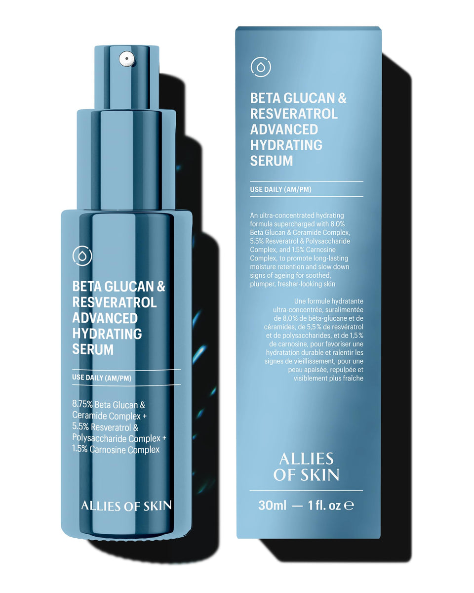 Allies of Skin Beta Glucan & Resveratrol serum bottle promising deep hydration for dry skin