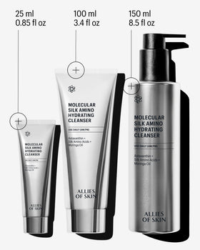 Allies of Skin Cleanser bottle showing silky, non-drying lather for dry skin mornings.