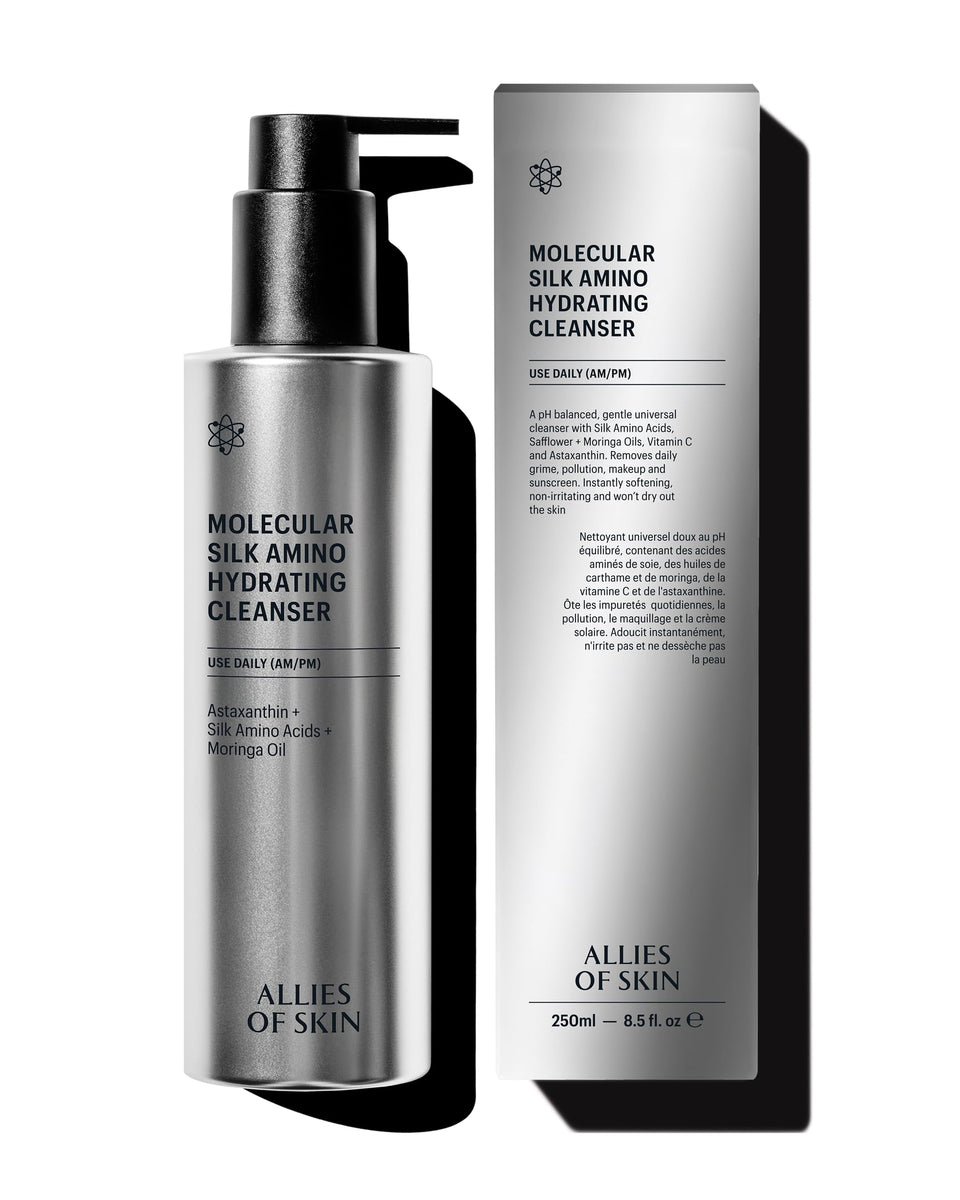 Allies of Skin Hydrating Silk Amino Face Cleanser bottle for gentle daily cleansing and moisture retention.