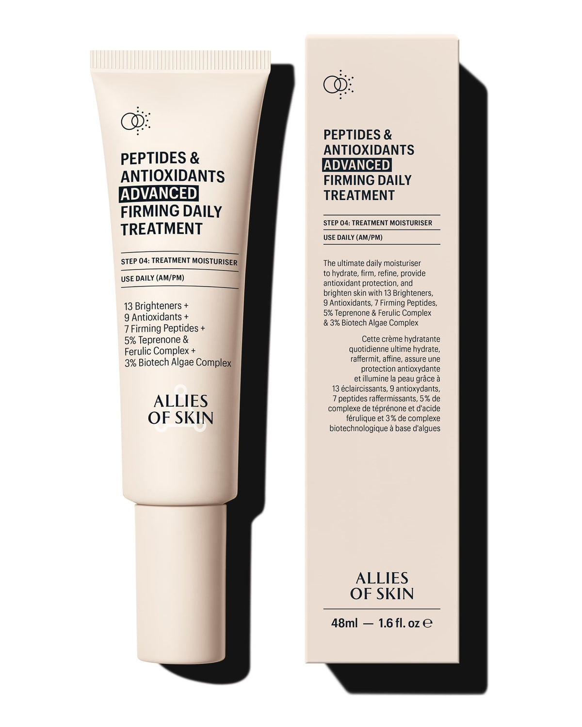 Allies of Skin peptides and antioxidants bottle for daily firming and brightness.