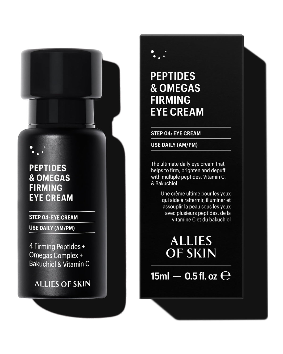 Allies of Skin peptides firming eye cream jar showing rich formula for hydrated under-eye skin