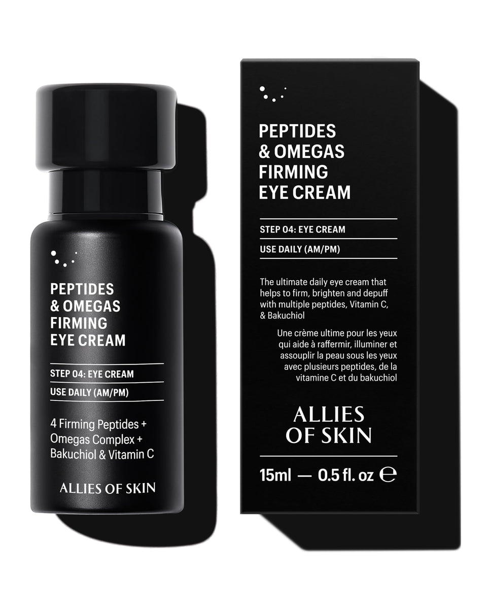 Allies of Skin peptides firming eye cream jar showing rich formula for hydrated under-eye skin