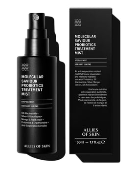 Allies of Skin Probiotic Face Mist bottle closeup, hydrating formula in view.