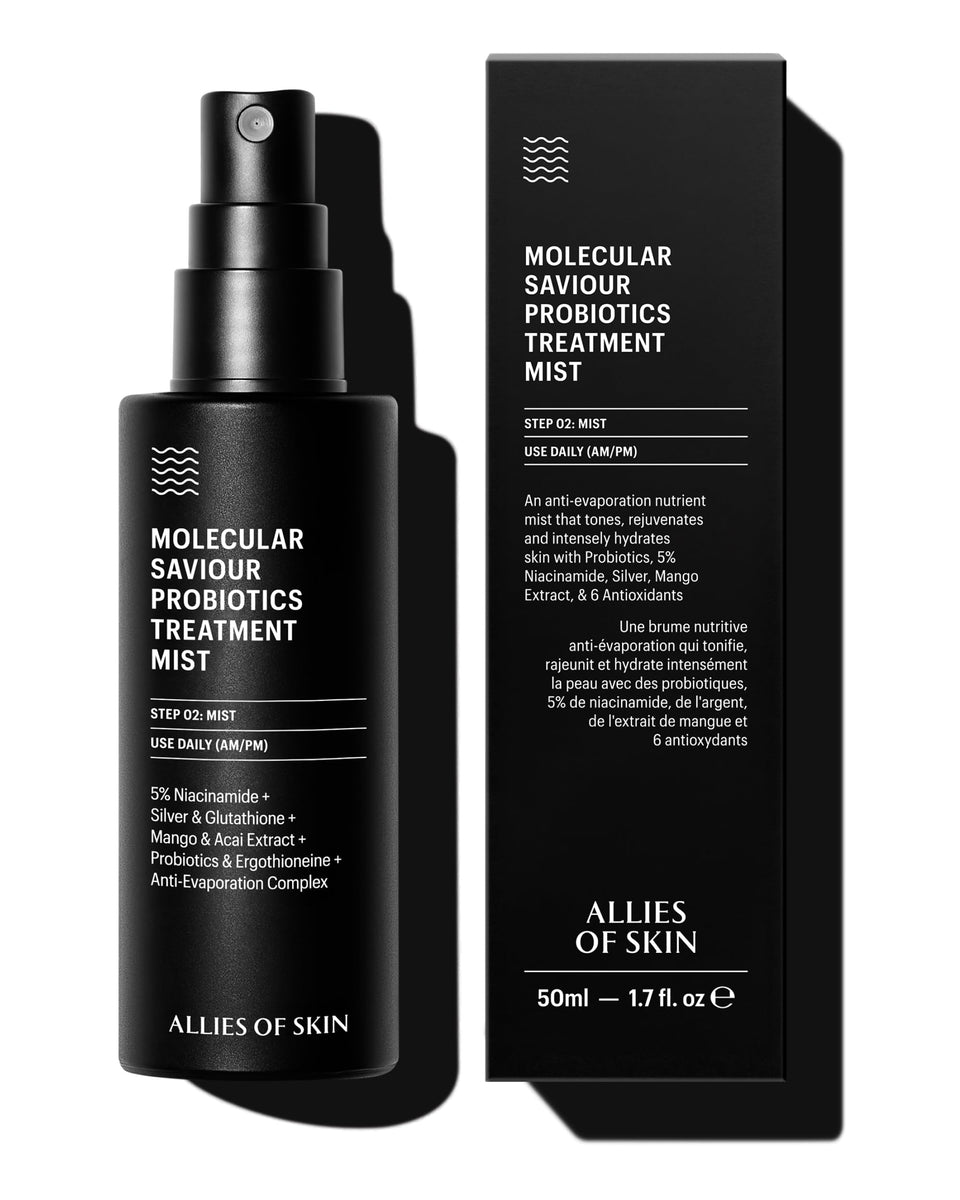 Allies of Skin Probiotic Face Mist bottle closeup, hydrating formula in view.
