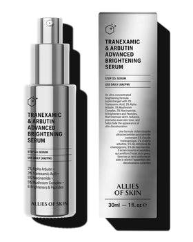 Allies of Skin Tranexamic & Arbutin Serum bottle close-up for even skin tone