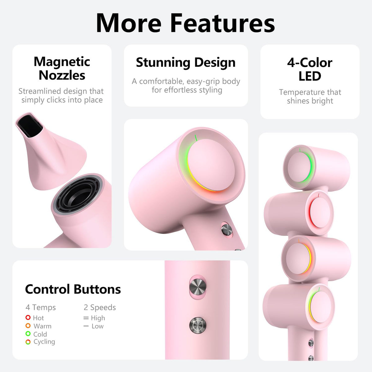 Alloom hair dryer nozzle concentrates airflow for precise styling.