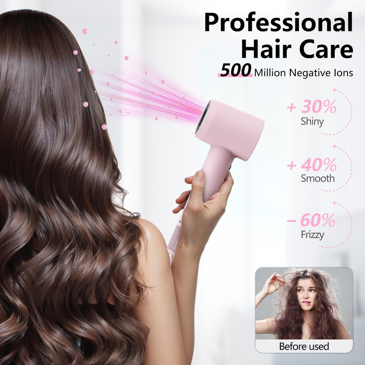 Alloom hair dryer thermo-control maintains safe heat during styling for hair protection.