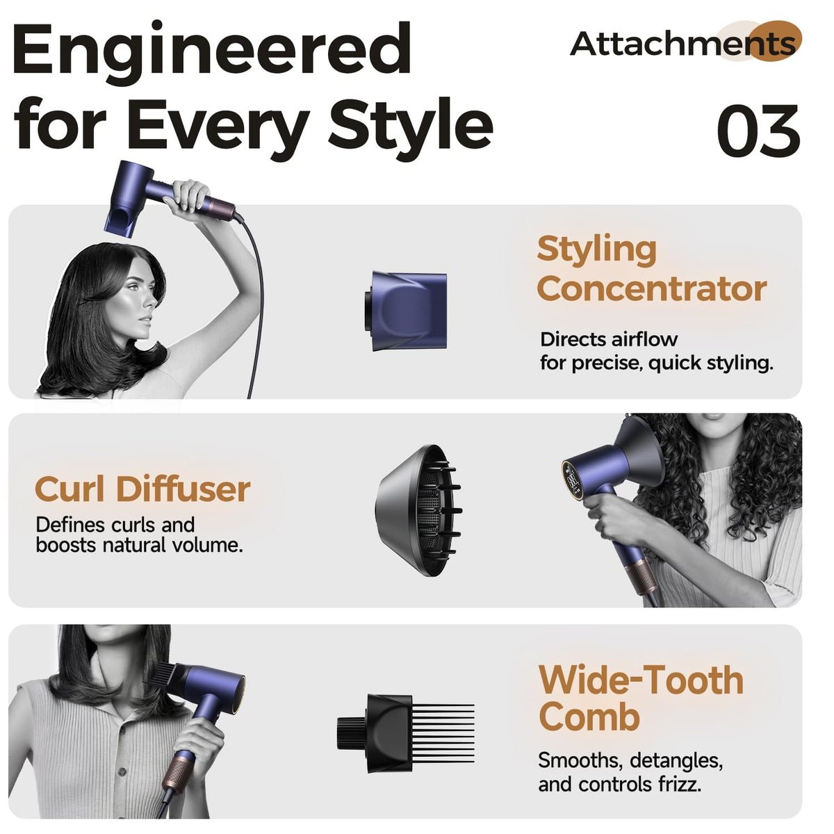 Wide-tooth comb attachment adds volume with less heat pull.