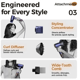 Wide-tooth comb attachment adds volume with less heat pull.