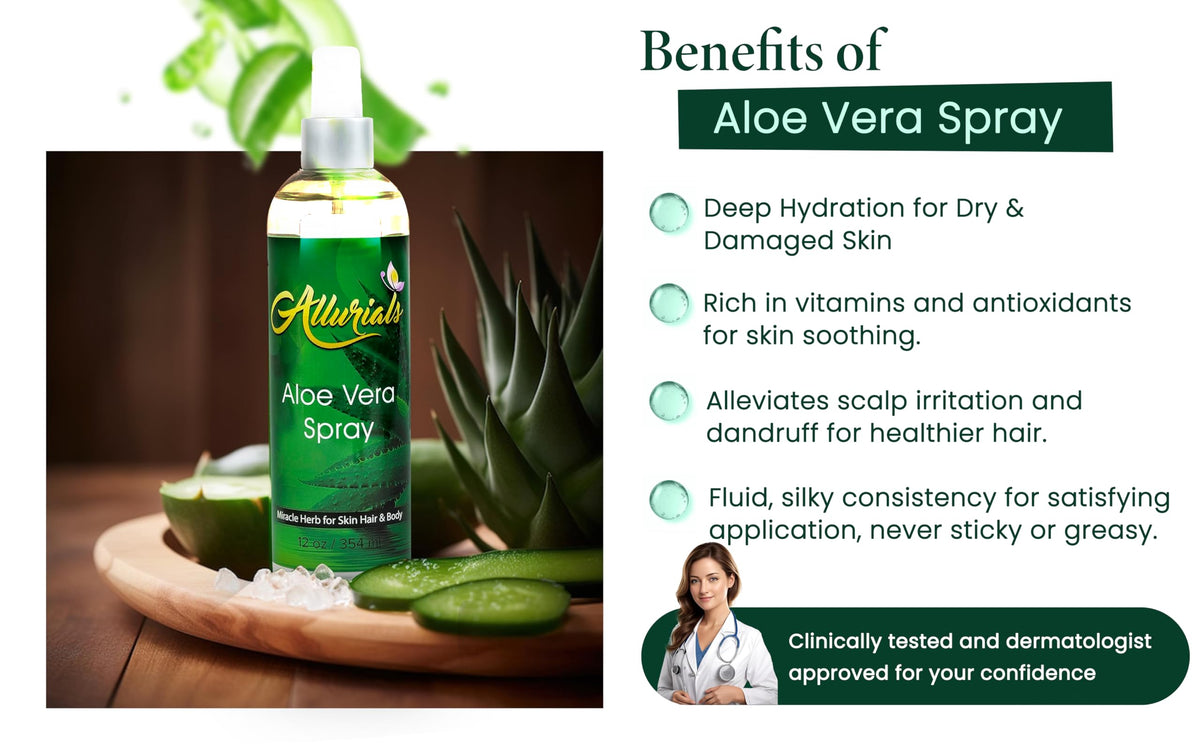 Allurials Aloe Vera Spray application on skin shows refreshing hydration.