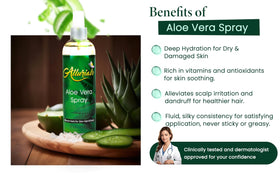 Allurials Aloe Vera Spray application on skin shows refreshing hydration.
