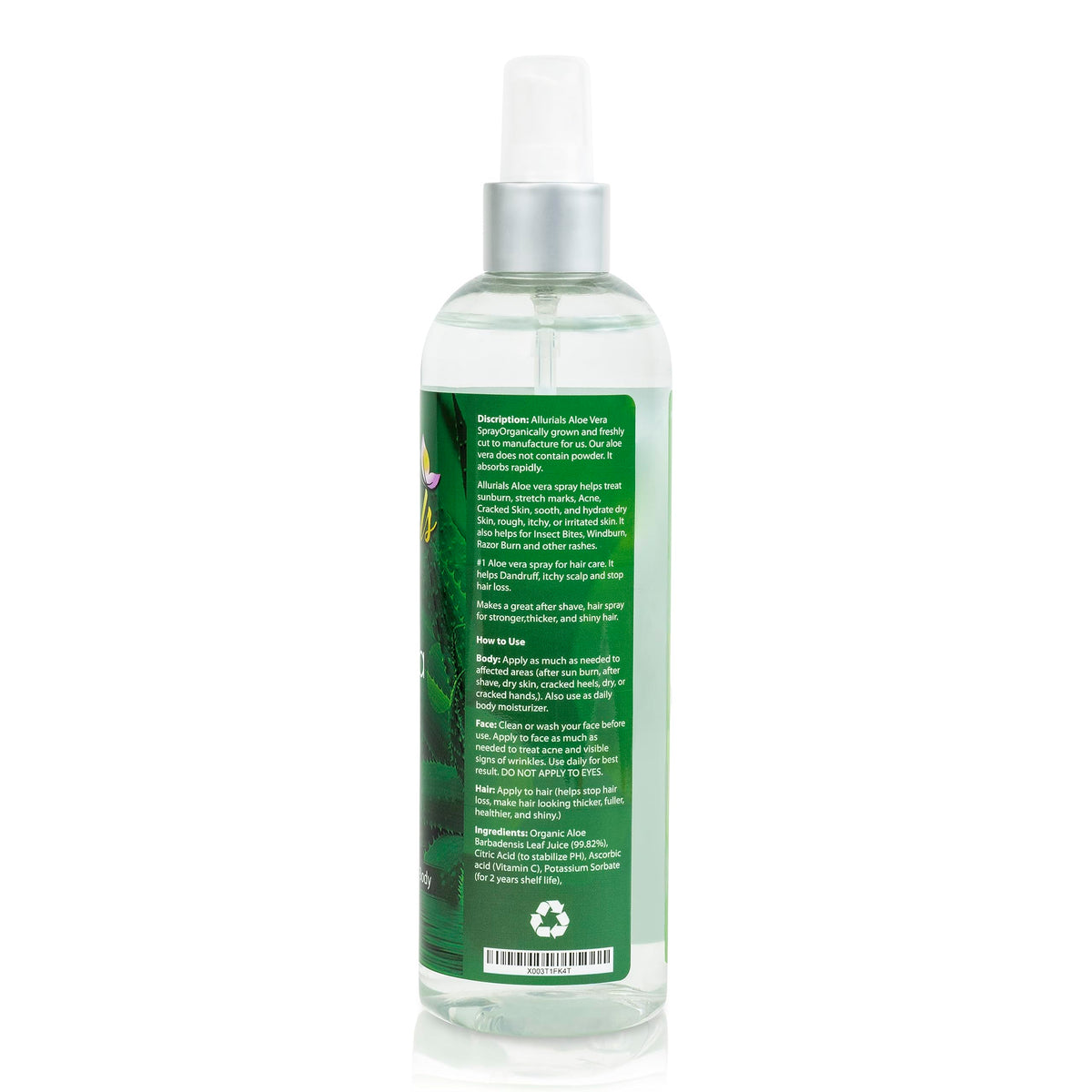 Allurials Aloe Vera Spray packaging on shelf conveys eco-friendly design.