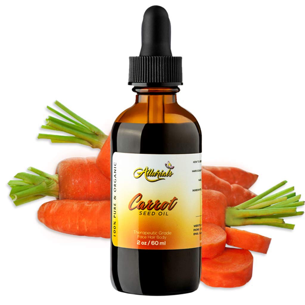 Allurials Carrot Seed Oil bottle showing pure organic formula for skin and hair