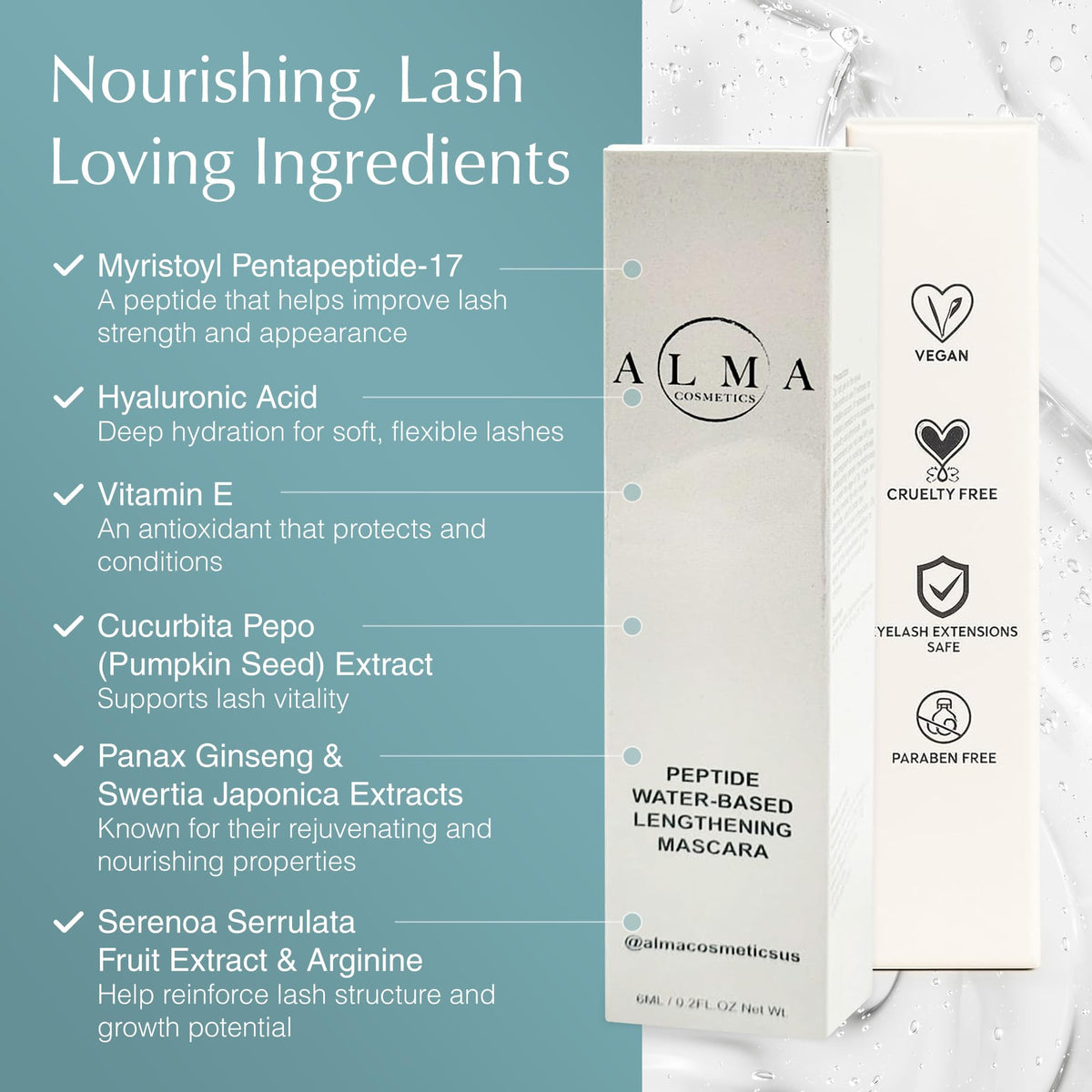 ALMA COSMETICS peptide-infused mascara bottle highlights lash nourishment potential