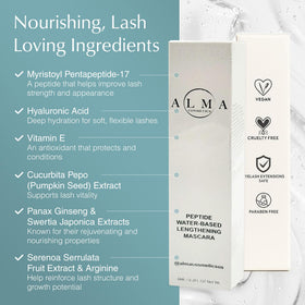ALMA COSMETICS peptide-infused mascara bottle highlights lash nourishment potential