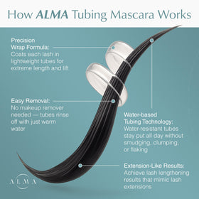 ALMA COSMETICS tubing mascara swatch on lashes for darkness and length