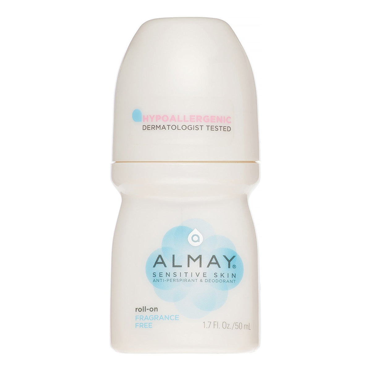 Almay fragrance-free roll-on antiperspirant for sensitive skin, pack of four, reduces underarm wetness.