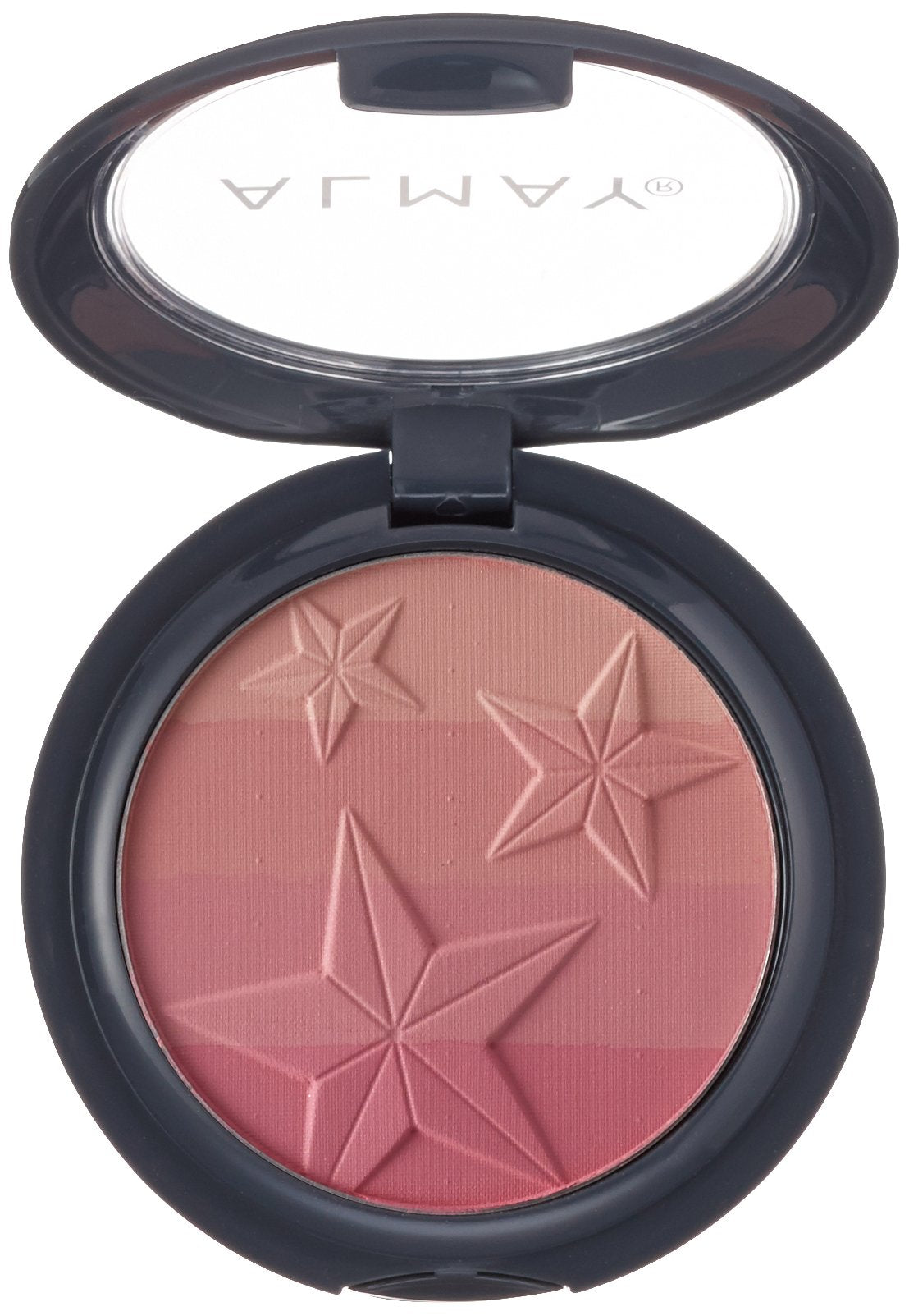 Almay Powder Blush Pink swatch showing three shades blend seamlessly on skin.