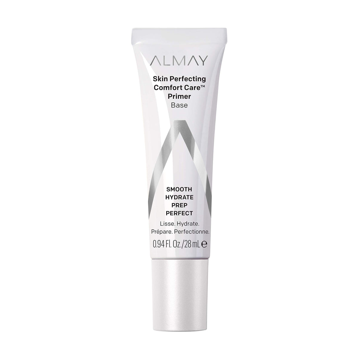 Almay Skin Perfecting Comfort Care Primer bottle in sheer pink, showcasing a radiant yet natural look