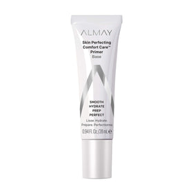 Almay Skin Perfecting Comfort Care Primer bottle in sheer pink, showcasing a radiant yet natural look