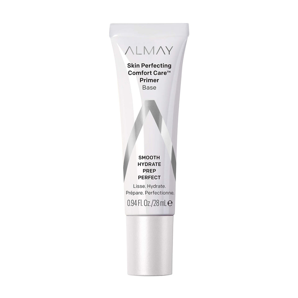 Almay Skin Perfecting Comfort Care Primer bottle in sheer pink, showcasing a radiant yet natural look