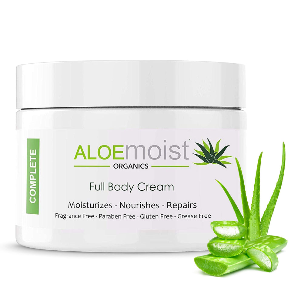 AloeMoist organic aloe vera face cream jar provides deep hydration for dry skin.