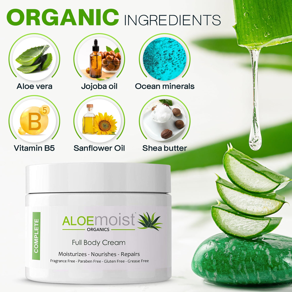 AloeMoist vitamin E and C enriched formula bottle highlights nourishing skin benefits.