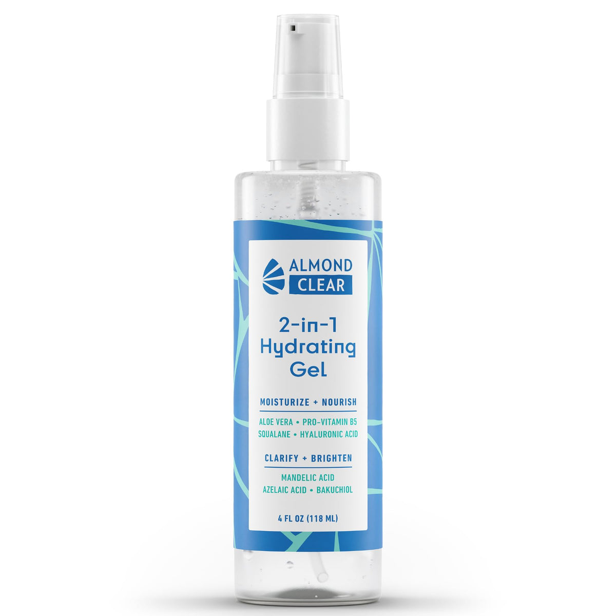 Almond Clear bottle front showing lightweight gel ideal for oily, blemish-prone skin.