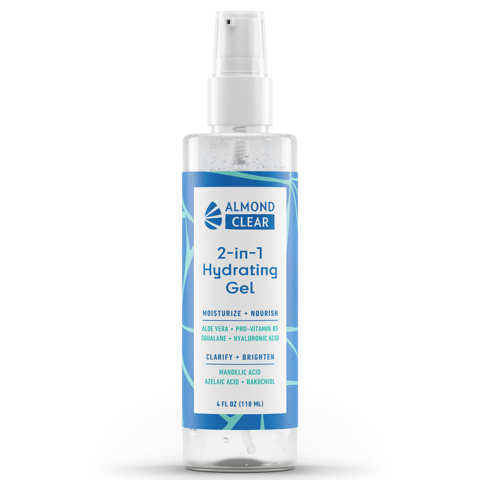 Almond Clear bottle front showing lightweight gel ideal for oily, blemish-prone skin.