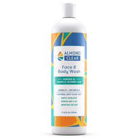 Almond Clear Face & Body Wash bottle pour showing gentle exfoliation for clear pores