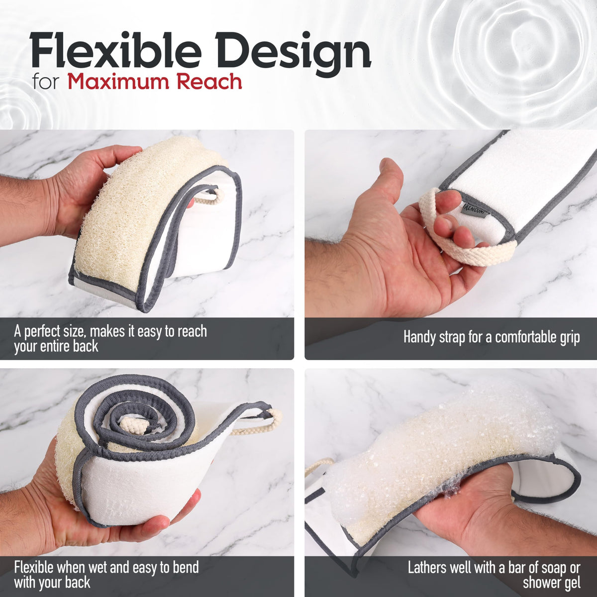 ALMOONI dual-sided loofah back scrubber provides exfoliation and lather